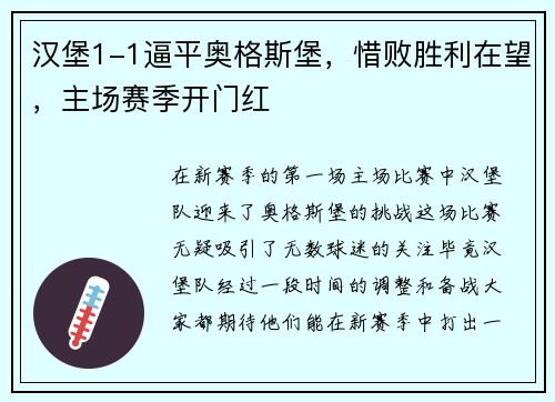 汉堡1-1逼平奥格斯堡，惜败胜利在望，主场赛季开门红