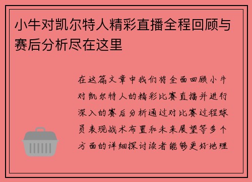 小牛对凯尔特人精彩直播全程回顾与赛后分析尽在这里
