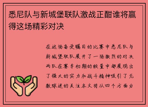 悉尼队与新城堡联队激战正酣谁将赢得这场精彩对决